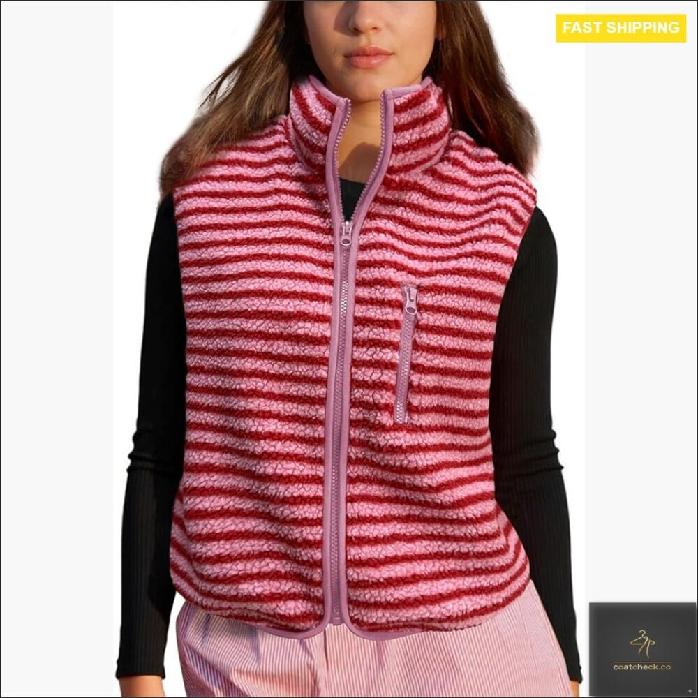 Striped Sherpa Vest Women High Neck Zip Up Sleeveless Fleece Layering Piece